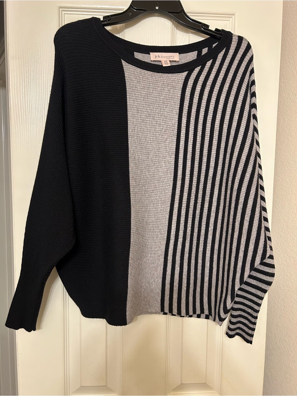 Philosophy Black and Gray Striped Colorblock Crewneck Sweater